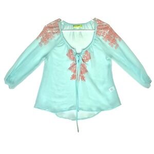 Fresh Brewed Sheer Chiffon Tie Front Tribal Quarter Sleeve Tunic Top Womens S